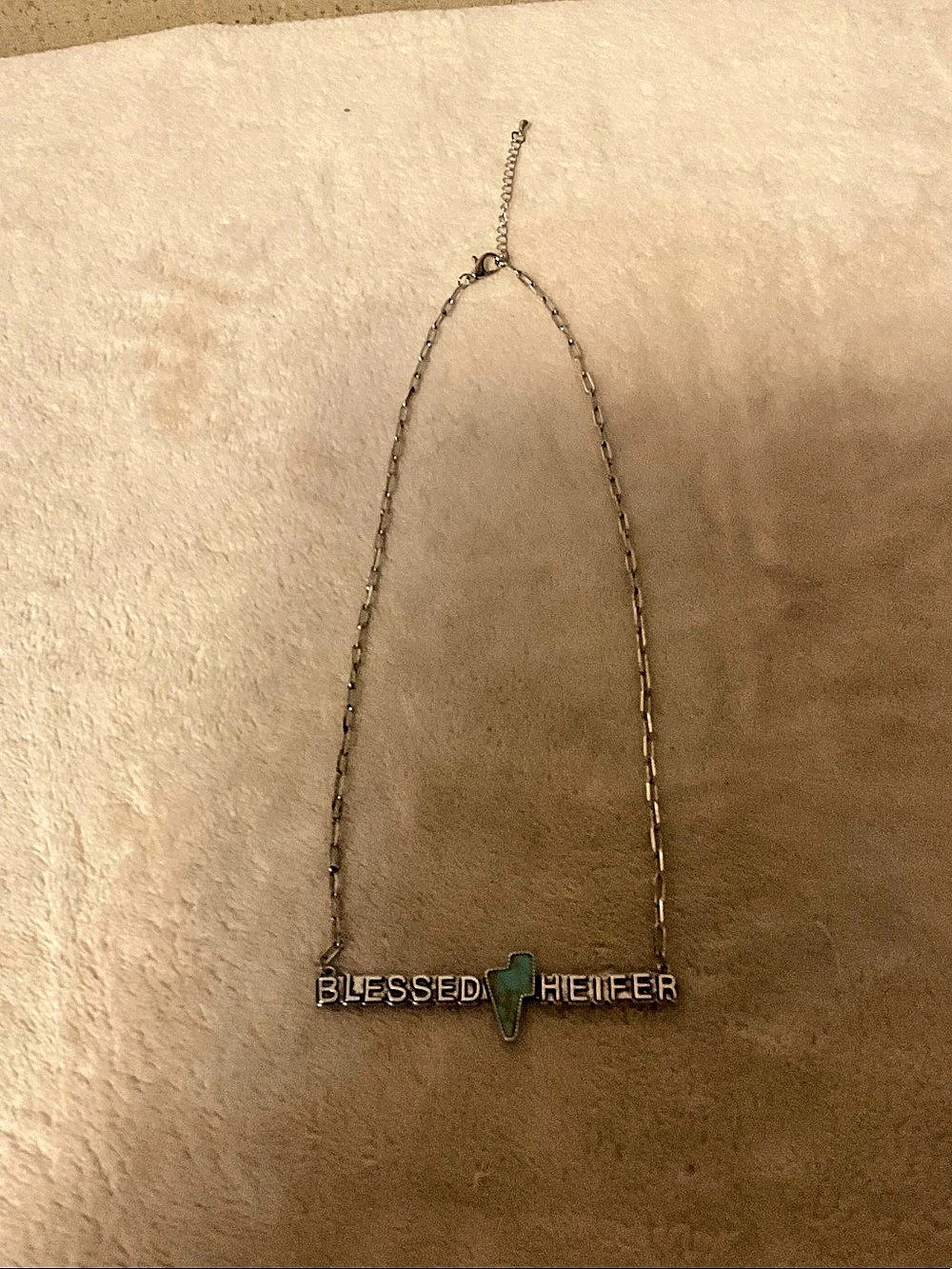 Tommy Hilfiger Blessed Heifer necklace Silver & Green Necklace Like New